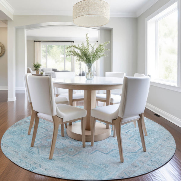 HomeRoots 8' Sky Blue and Gray Round Medallion Rug - Durable, Stylish, Washable for Indoor/Outdoor Spaces! 625872