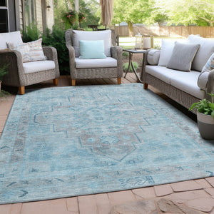 HomeRoots 9' X 12' Sky Blue & Gray Medallion Area Rug – Washable, Durable, Perfect for Indoor & Outdoor Use! 625874