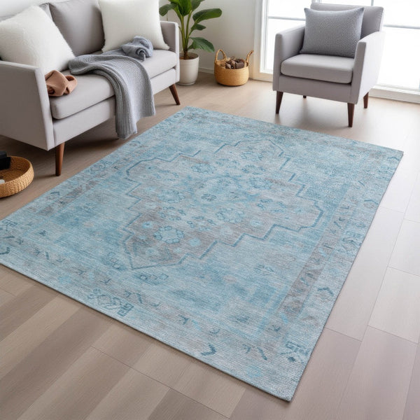 HomeRoots 9' X 12' Sky Blue & Gray Medallion Area Rug – Washable, Durable, Perfect for Indoor & Outdoor Use! 625874
