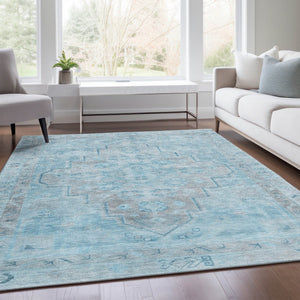 HomeRoots 9' X 12' Sky Blue & Gray Medallion Area Rug – Washable, Durable, Perfect for Indoor & Outdoor Use! 625874
