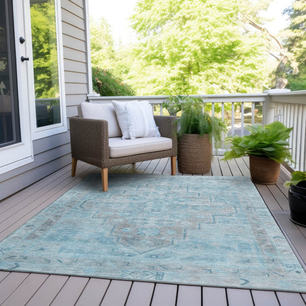 HomeRoots 9' X 12' Sky Blue & Gray Medallion Area Rug – Washable, Durable, Perfect for Indoor & Outdoor Use! 625874