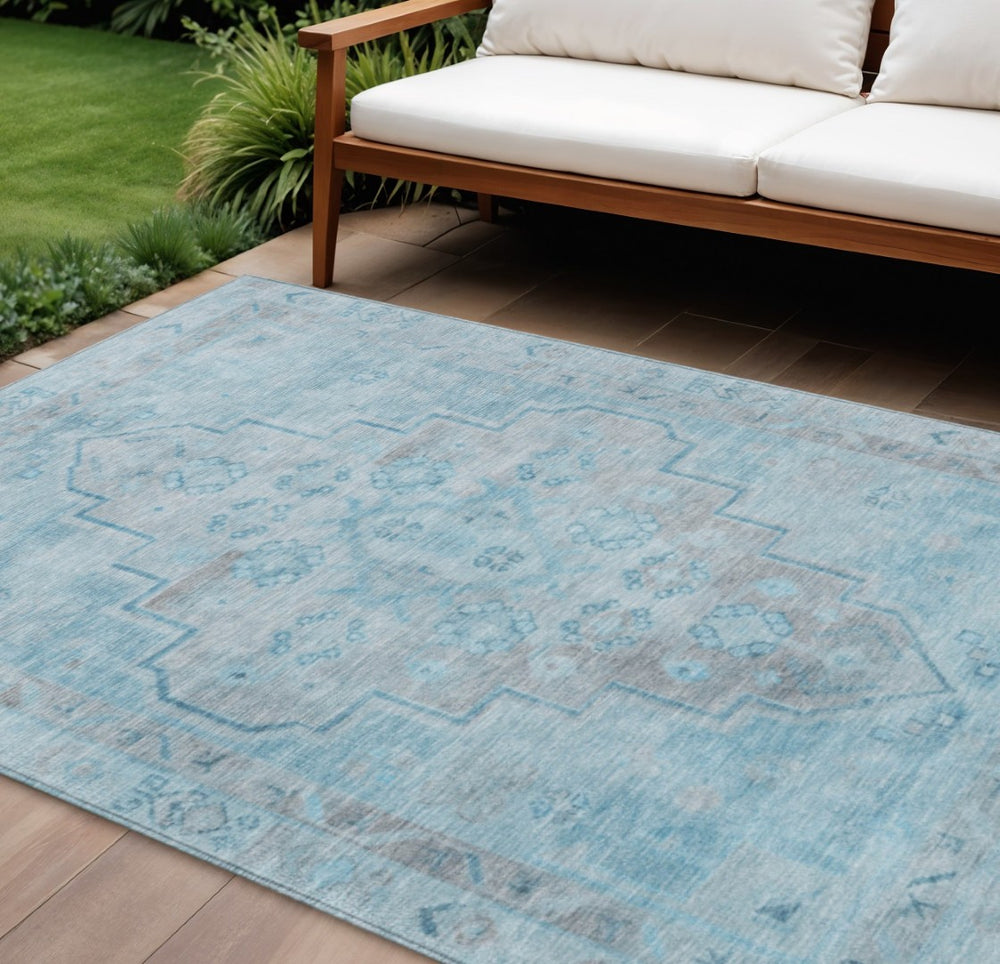 HomeRoots 10' Sky Blue & Gray Medallion Area Rug - Washable Indoor/Outdoor Design for High-Traffic Spaces 625875