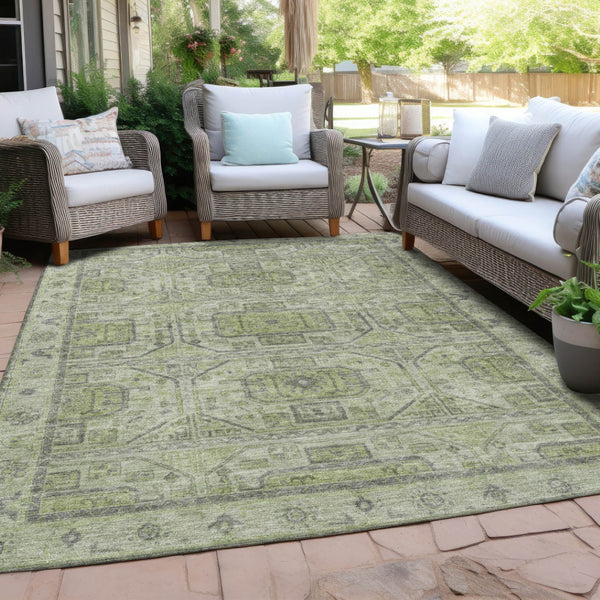 HomeRoots 5' X 8' Artichoke Green & Gray Geometric Rug - Machine Washable, Stylish for Indoor & Outdoor Use 625877