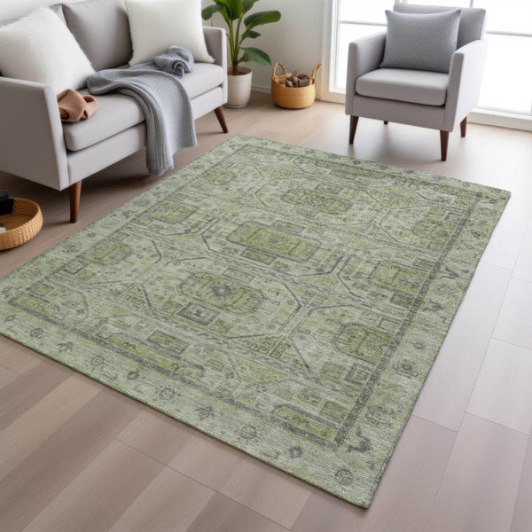 HomeRoots 5' X 8' Artichoke Green & Gray Geometric Rug - Machine Washable, Stylish for Indoor & Outdoor Use 625877
