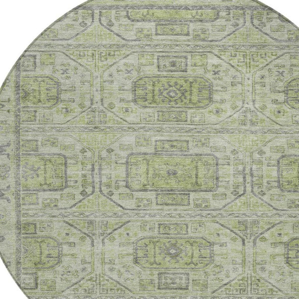 HomeRoots 8' Round Geometric Rug in Artichoke Green & Gray - Stylish, Washable, Indoor/Outdoor Durable Design 625878
