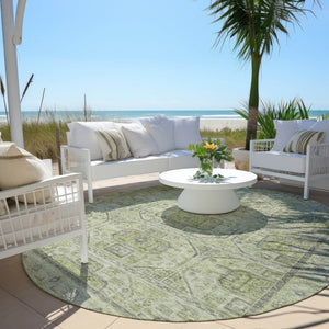 HomeRoots 8' Round Geometric Rug in Artichoke Green & Gray - Stylish, Washable, Indoor/Outdoor Durable Design 625878