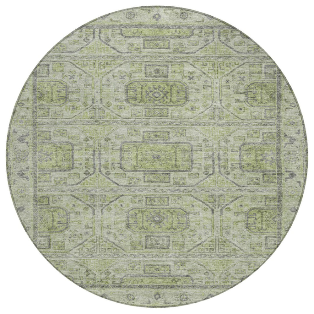HomeRoots 8' Round Geometric Rug in Artichoke Green & Gray - Stylish, Washable, Indoor/Outdoor Durable Design 625878