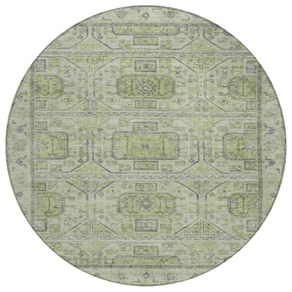 HomeRoots 8' Round Geometric Rug in Artichoke Green & Gray - Stylish, Washable, Indoor/Outdoor Durable Design 625878