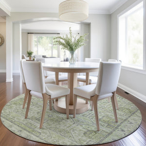 HomeRoots 8' Round Geometric Rug in Artichoke Green & Gray - Stylish, Washable, Indoor/Outdoor Durable Design 625878