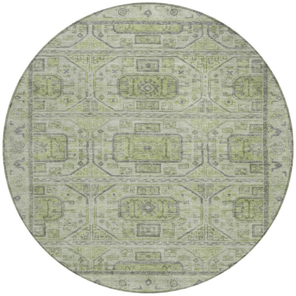 HomeRoots 8' Round Geometric Rug in Artichoke Green & Gray - Stylish, Washable, Indoor/Outdoor Durable Design 625878