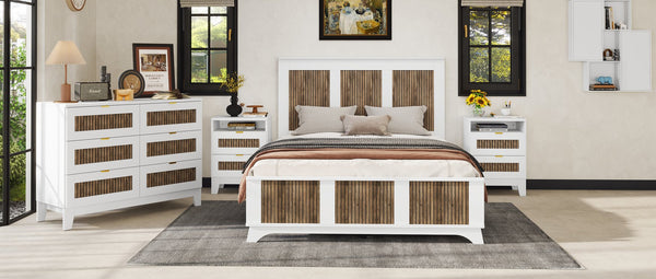 English Elm 4-Pieces Queen Platform Bed Set with Storage Nightstands & Dresser, Wooden Strip Accent, Modern Farmhouse Elegance White 52.17 L x 18.5 W x 11.81 H HL000191AAK