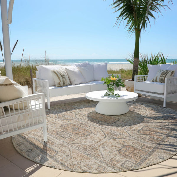 HomeRoots 8' Beige and Brown Round Geometric Area Rug - Washable, Durable Design for Indoor & Outdoor Use 625884