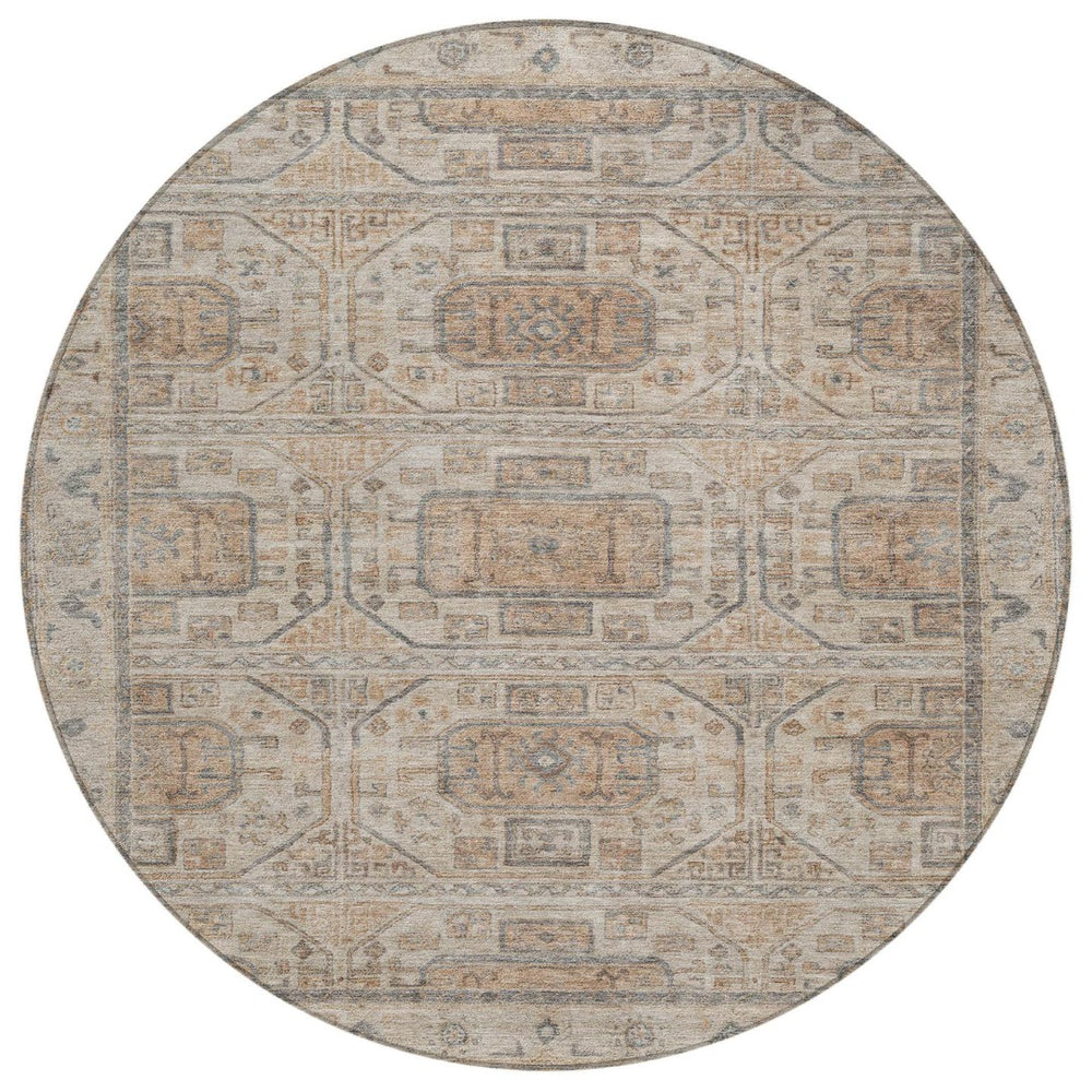 HomeRoots 8' Beige and Brown Round Geometric Area Rug - Washable, Durable Design for Indoor & Outdoor Use 625884