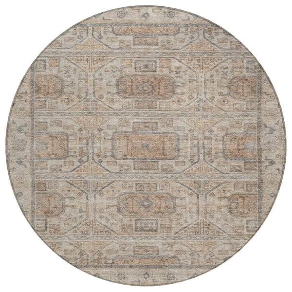 HomeRoots 8' Beige and Brown Round Geometric Area Rug - Washable, Durable Design for Indoor & Outdoor Use 625884