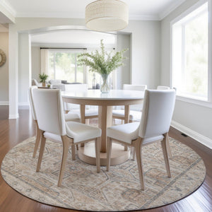 HomeRoots 8' Beige and Brown Round Geometric Area Rug - Washable, Durable Design for Indoor & Outdoor Use 625884