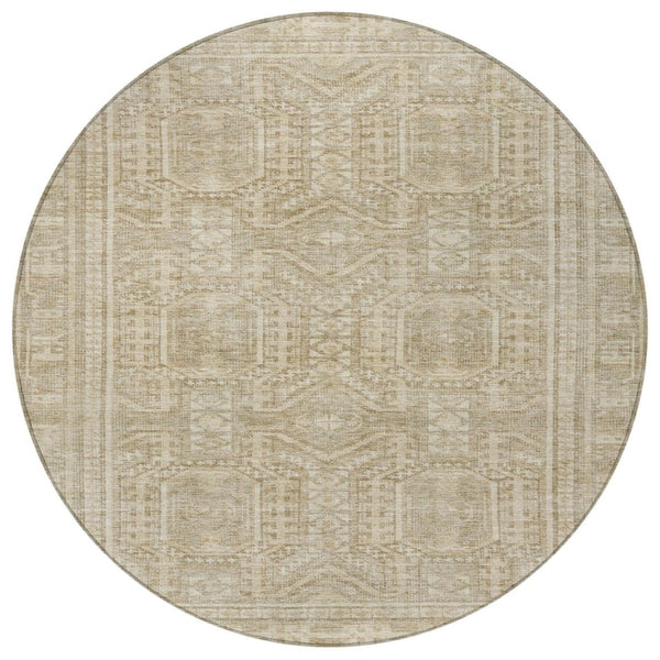 HomeRoots 8' Beige and Ivory Round Geometric Area Rug - Washable, Durable, Perfect for Indoor & Outdoor Spaces 625896