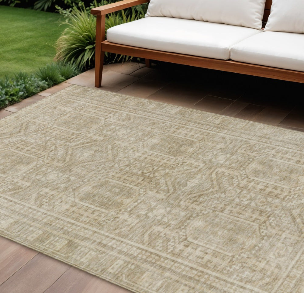 HomeRoots 10' X 14' Beige and Ivory Geometric Washable Area Rug – Stylish, Durable, Indoor & Outdoor Versatile Design 625899