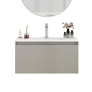 English Elm 32-Inch Wall-Mounted Bathroom Vanity With Soft-Close Drawer, Durable Ceramic Sink, Mocha Gray Finish W3151S00043