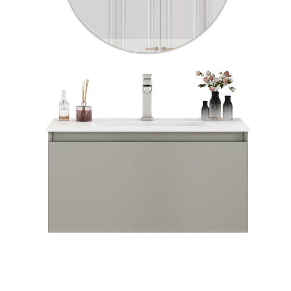 English Elm 32-Inch Wall-Mounted Bathroom Vanity With Soft-Close Drawer, Durable Ceramic Sink, Mocha Gray Finish W3151S00043