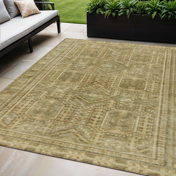 HomeRoots 5' Khaki and Beige Geometric Indoor Outdoor Area Rug - Modern, Durable, Washable, Versatile Design 625907