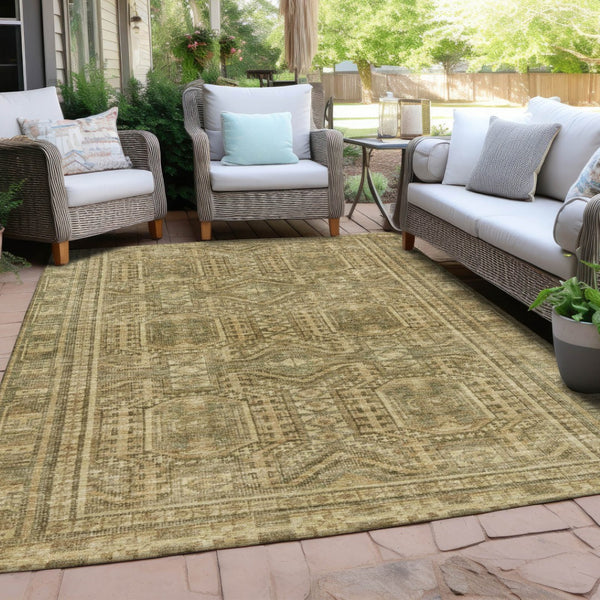 HomeRoots 5' Khaki and Beige Geometric Indoor Outdoor Area Rug - Modern, Durable, Washable, Versatile Design 625907
