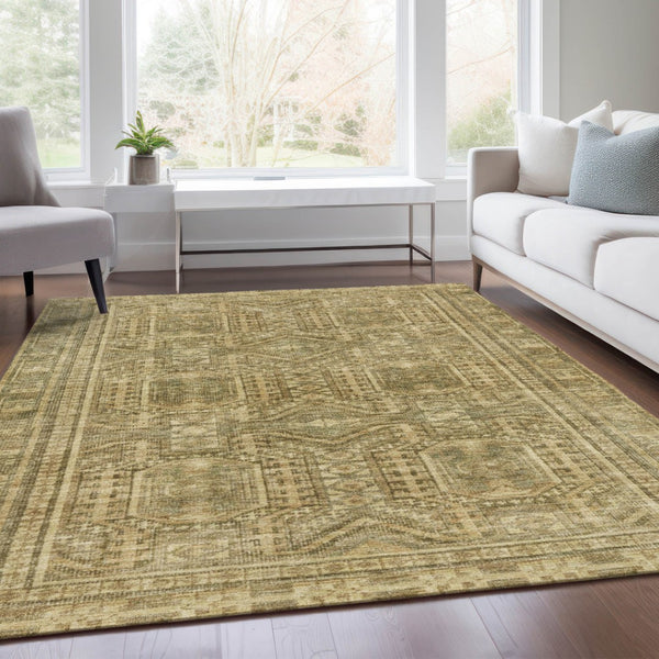 HomeRoots 5' Khaki and Beige Geometric Indoor Outdoor Area Rug - Modern, Durable, Washable, Versatile Design 625907