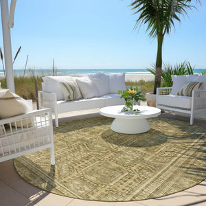 HomeRoots 8' Khaki and Beige Round Geometric Area Rug - Stylish, Durable, Washable for Indoor & Outdoor Use 625908