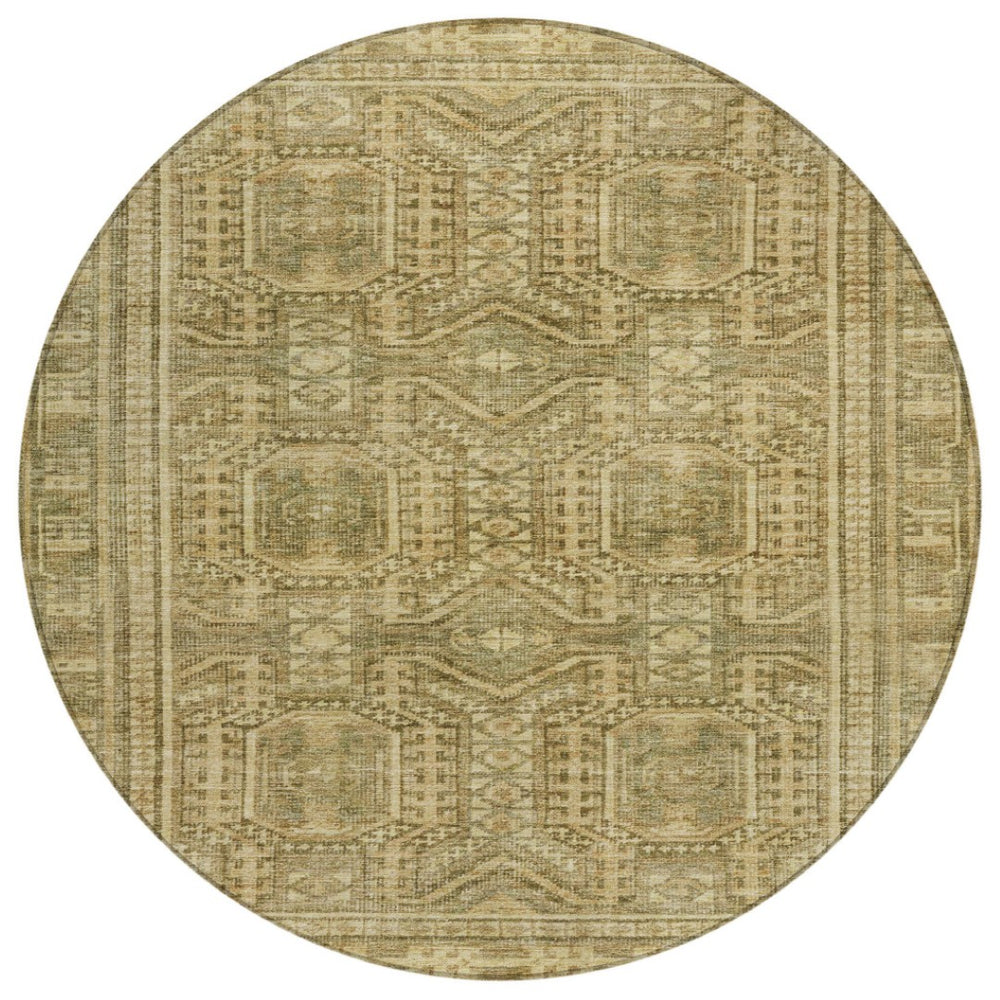 HomeRoots 8' Khaki and Beige Round Geometric Area Rug - Stylish, Durable, Washable for Indoor & Outdoor Use 625908