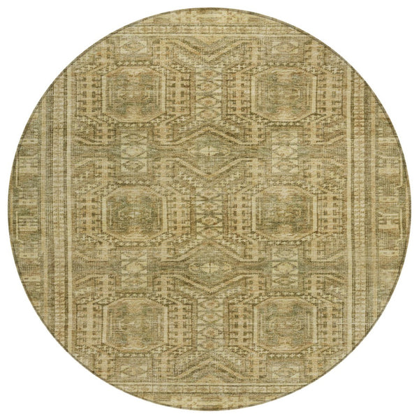HomeRoots 8' Khaki and Beige Round Geometric Area Rug - Stylish, Durable, Washable for Indoor & Outdoor Use 625908