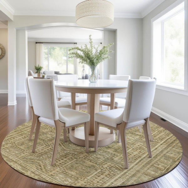 HomeRoots 8' Khaki and Beige Round Geometric Area Rug - Stylish, Durable, Washable for Indoor & Outdoor Use 625908