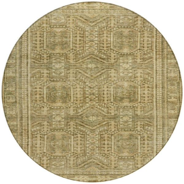 HomeRoots 8' Khaki and Beige Round Geometric Area Rug - Stylish, Durable, Washable for Indoor & Outdoor Use 625908