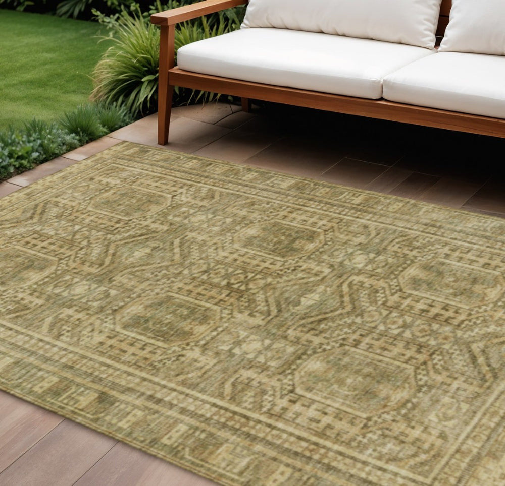 HomeRoots 9' X 12' Khaki & Beige Geometric Washable Rug – Durable Indoor/Outdoor, Soft, Modern Design, Easy Care 625910