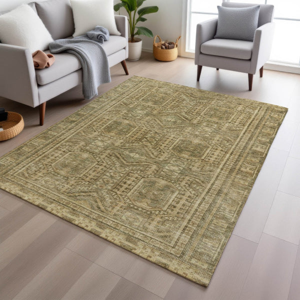 HomeRoots 9' X 12' Khaki & Beige Geometric Washable Rug – Durable Indoor/Outdoor, Soft, Modern Design, Easy Care 625910