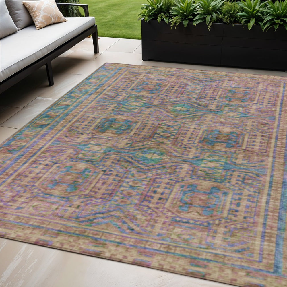 HomeRoots 5' X 8' Vibrant Orange and Teal Blue Geometric Washable Area Rug for Indoor and Outdoor Spaces 625913