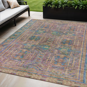 HomeRoots 5' X 8' Vibrant Orange and Teal Blue Geometric Washable Area Rug for Indoor and Outdoor Spaces 625913