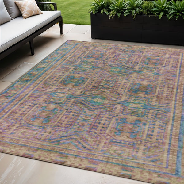 HomeRoots 5' X 8' Vibrant Orange and Teal Blue Geometric Washable Area Rug for Indoor and Outdoor Spaces 625913