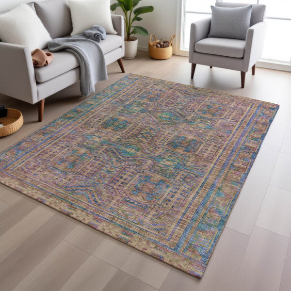 HomeRoots 5' X 8' Vibrant Orange and Teal Blue Geometric Washable Area Rug for Indoor and Outdoor Spaces 625913