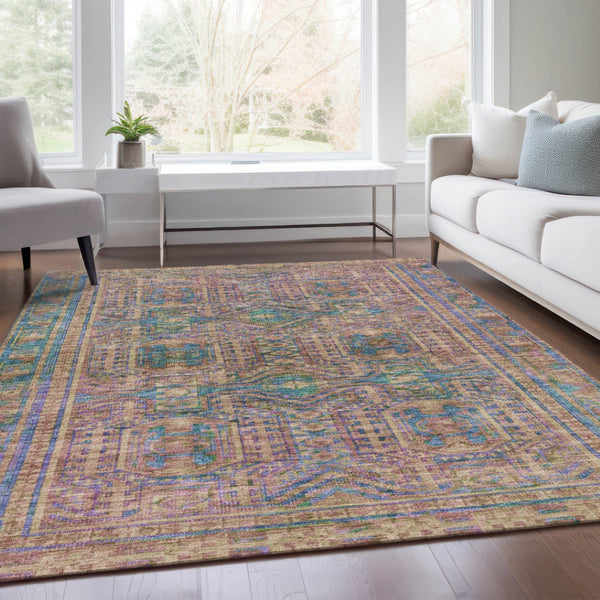 HomeRoots 5' X 8' Vibrant Orange and Teal Blue Geometric Washable Area Rug for Indoor and Outdoor Spaces 625913