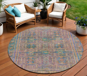 HomeRoots 8' Round Geometric Area Rug in Vibrant Orange & Teal – Washable, Durable for Indoor & Outdoor Use 625914