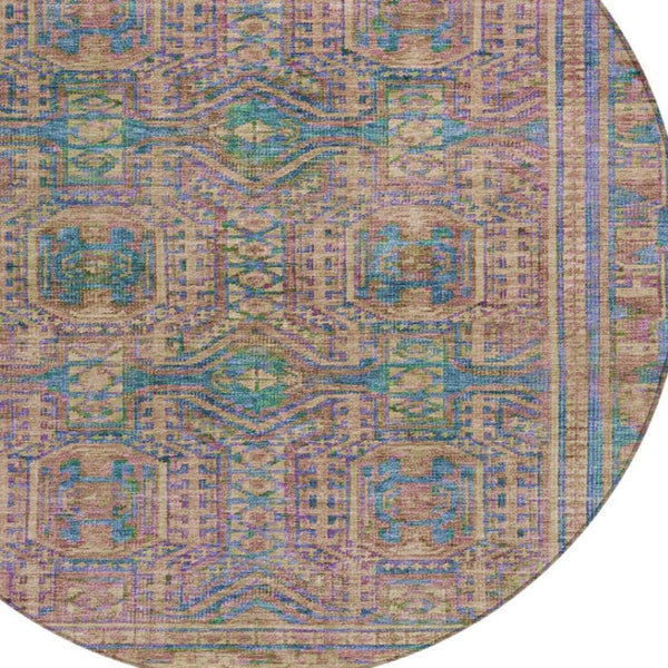 HomeRoots 8' Round Geometric Area Rug in Vibrant Orange & Teal – Washable, Durable for Indoor & Outdoor Use 625914