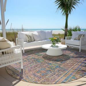 HomeRoots 8' Round Geometric Area Rug in Vibrant Orange & Teal – Washable, Durable for Indoor & Outdoor Use 625914