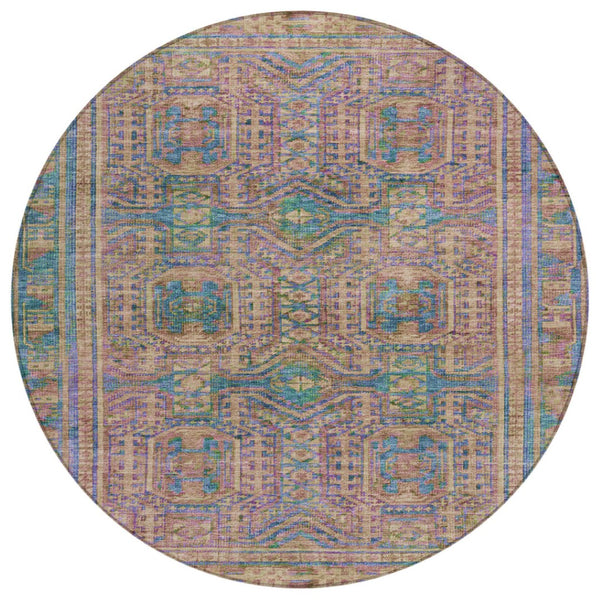 HomeRoots 8' Round Geometric Area Rug in Vibrant Orange & Teal – Washable, Durable for Indoor & Outdoor Use 625914