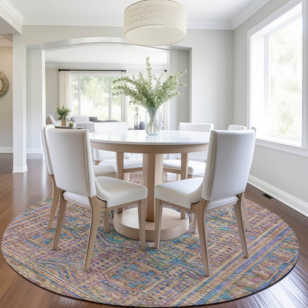 HomeRoots 8' Round Geometric Area Rug in Vibrant Orange & Teal – Washable, Durable for Indoor & Outdoor Use 625914