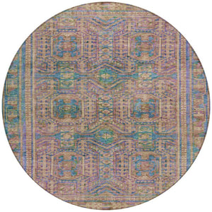 HomeRoots 8' Round Geometric Area Rug in Vibrant Orange & Teal – Washable, Durable for Indoor & Outdoor Use 625914