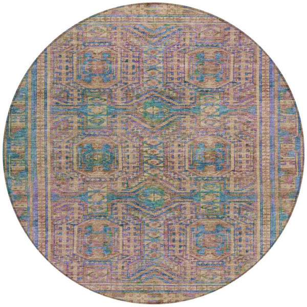 HomeRoots 8' Round Geometric Area Rug in Vibrant Orange & Teal – Washable, Durable for Indoor & Outdoor Use 625914