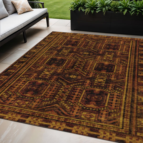 HomeRoots 5' X 8' Washable Rust and Gold Geometric Area Rug for Indoor/Outdoor Living, Durable & Stylish! 625919