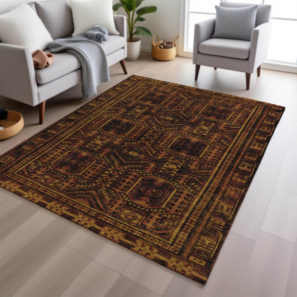 HomeRoots 5' X 8' Washable Rust and Gold Geometric Area Rug for Indoor/Outdoor Living, Durable & Stylish! 625919