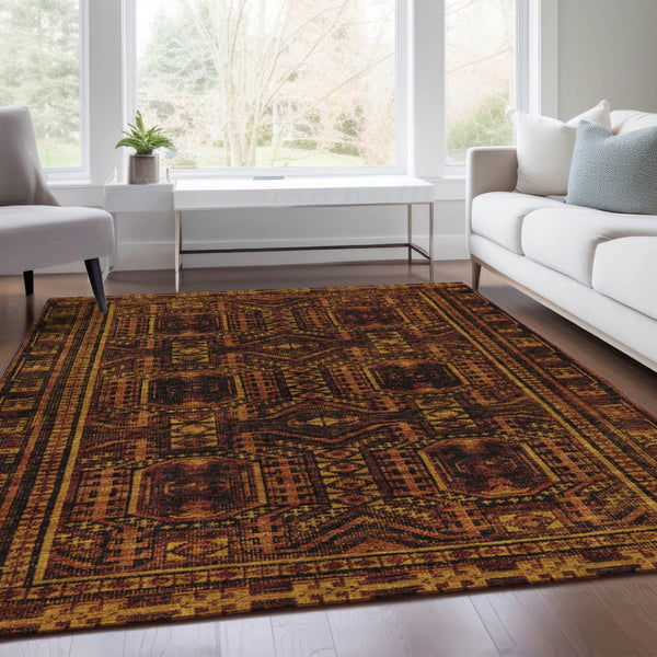 HomeRoots 5' X 8' Washable Rust and Gold Geometric Area Rug for Indoor/Outdoor Living, Durable & Stylish! 625919