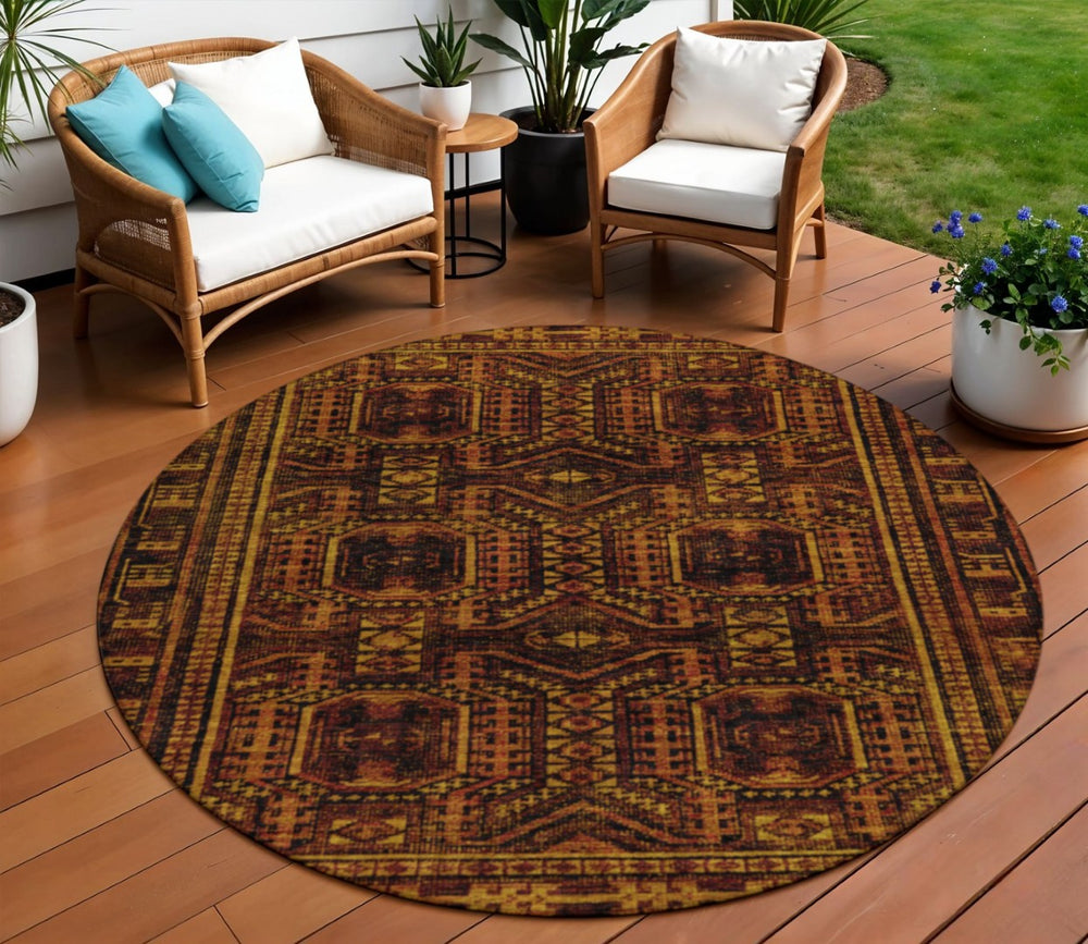 HomeRoots 8' Rust and Gold Round Geometric Area Rug – Stylish, Durable, Washable for Indoor and Outdoor Use! 625920