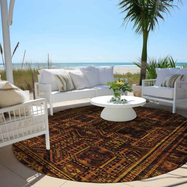 HomeRoots 8' Rust and Gold Round Geometric Area Rug – Stylish, Durable, Washable for Indoor and Outdoor Use! 625920